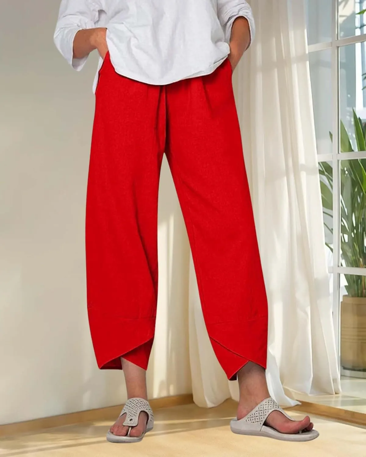 Cotton Linen Casual Summer Capri Pants for Women Printed Waist Wide Leg Palazzo Cropped Baggy Trousers with Pockets