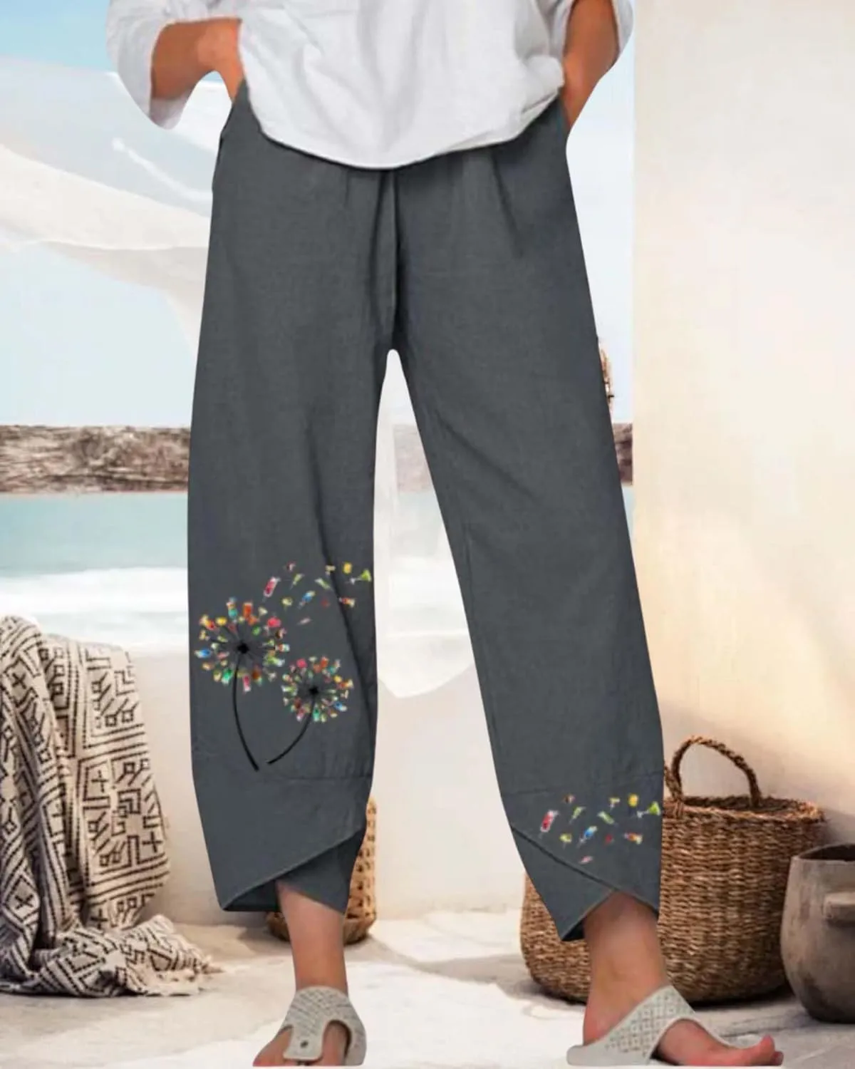 Cotton Linen Casual Summer Capri Pants for Women Printed Waist Wide Leg Palazzo Cropped Baggy Trousers with Pockets