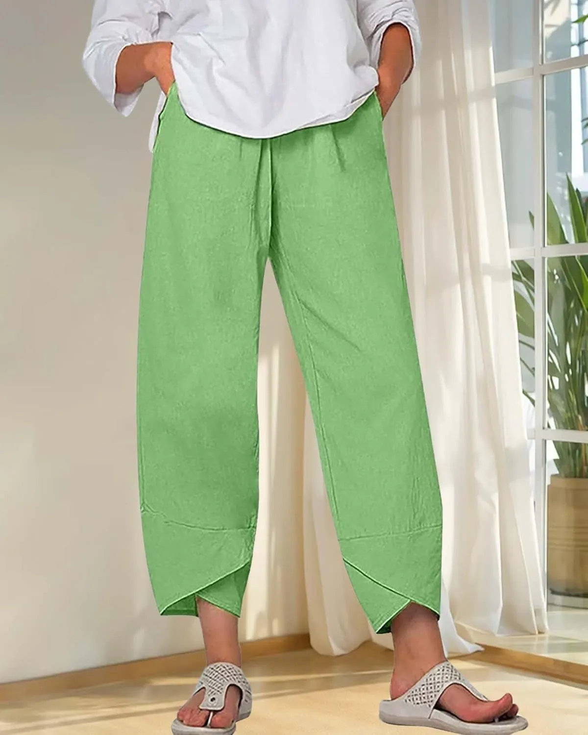 Cotton Linen Casual Summer Capri Pants for Women Printed Waist Wide Leg Palazzo Cropped Baggy Trousers with Pockets