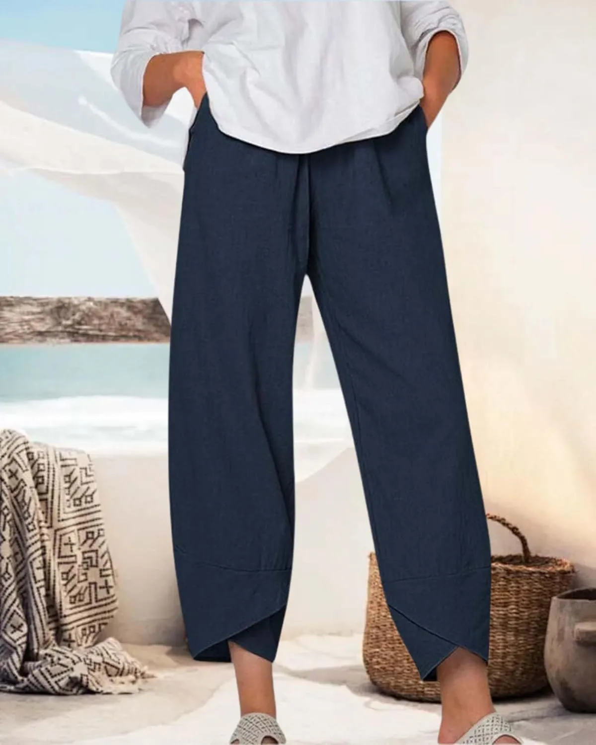 Cotton Linen Casual Summer Capri Pants for Women Printed Waist Wide Leg Palazzo Cropped Baggy Trousers with Pockets