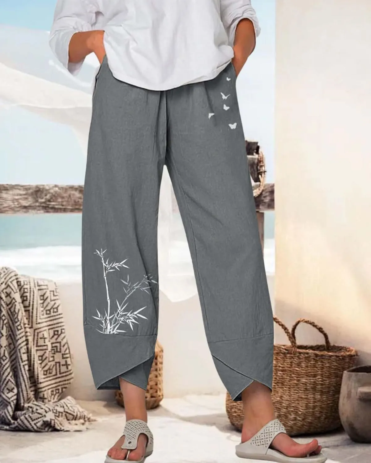 Cotton Linen Casual Summer Capri Pants for Women Printed Waist Wide Leg Palazzo Cropped Baggy Trousers with Pockets
