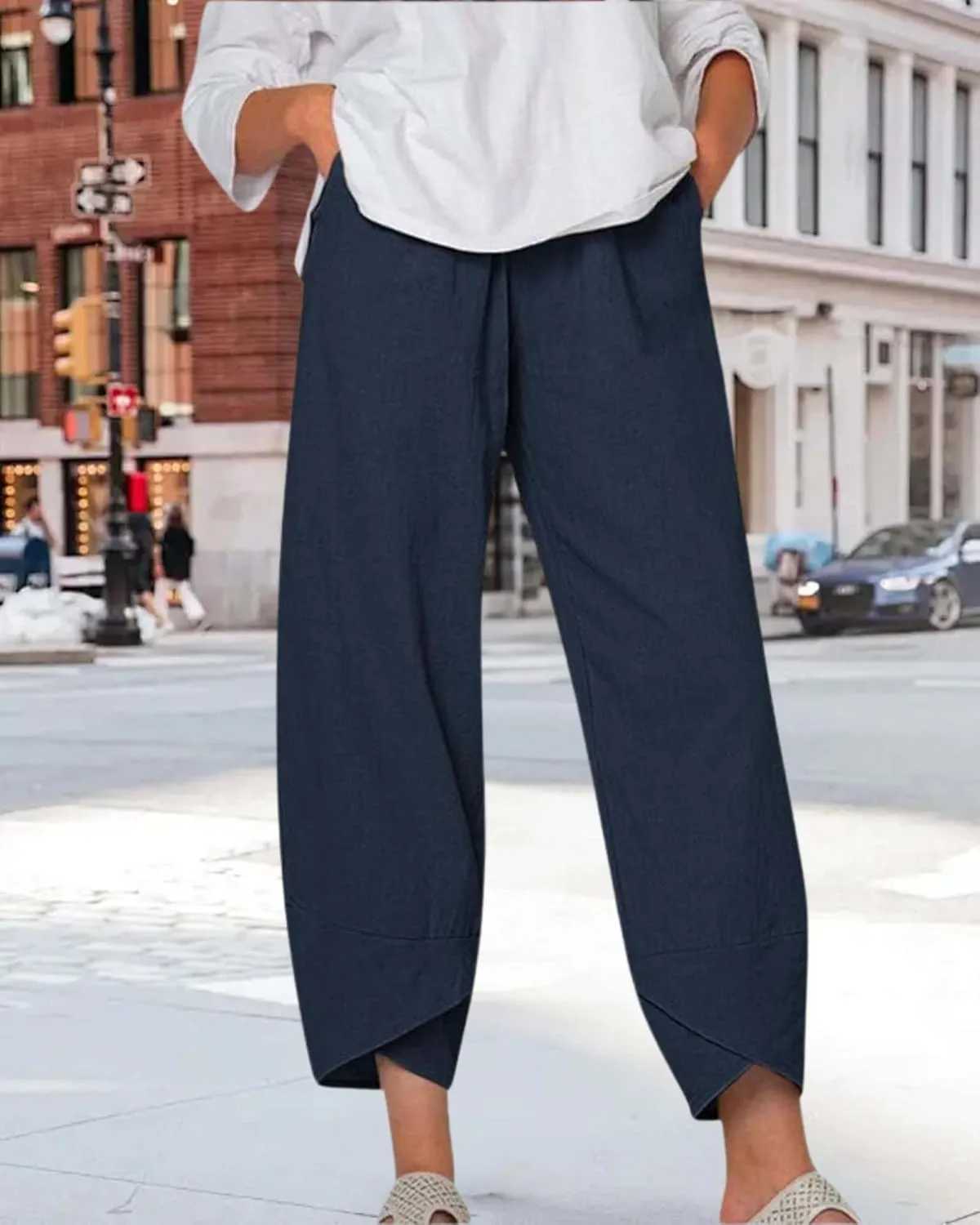 Cotton Linen Casual Summer Capri Pants for Women Printed Waist Wide Leg Palazzo Cropped Baggy Trousers with Pockets