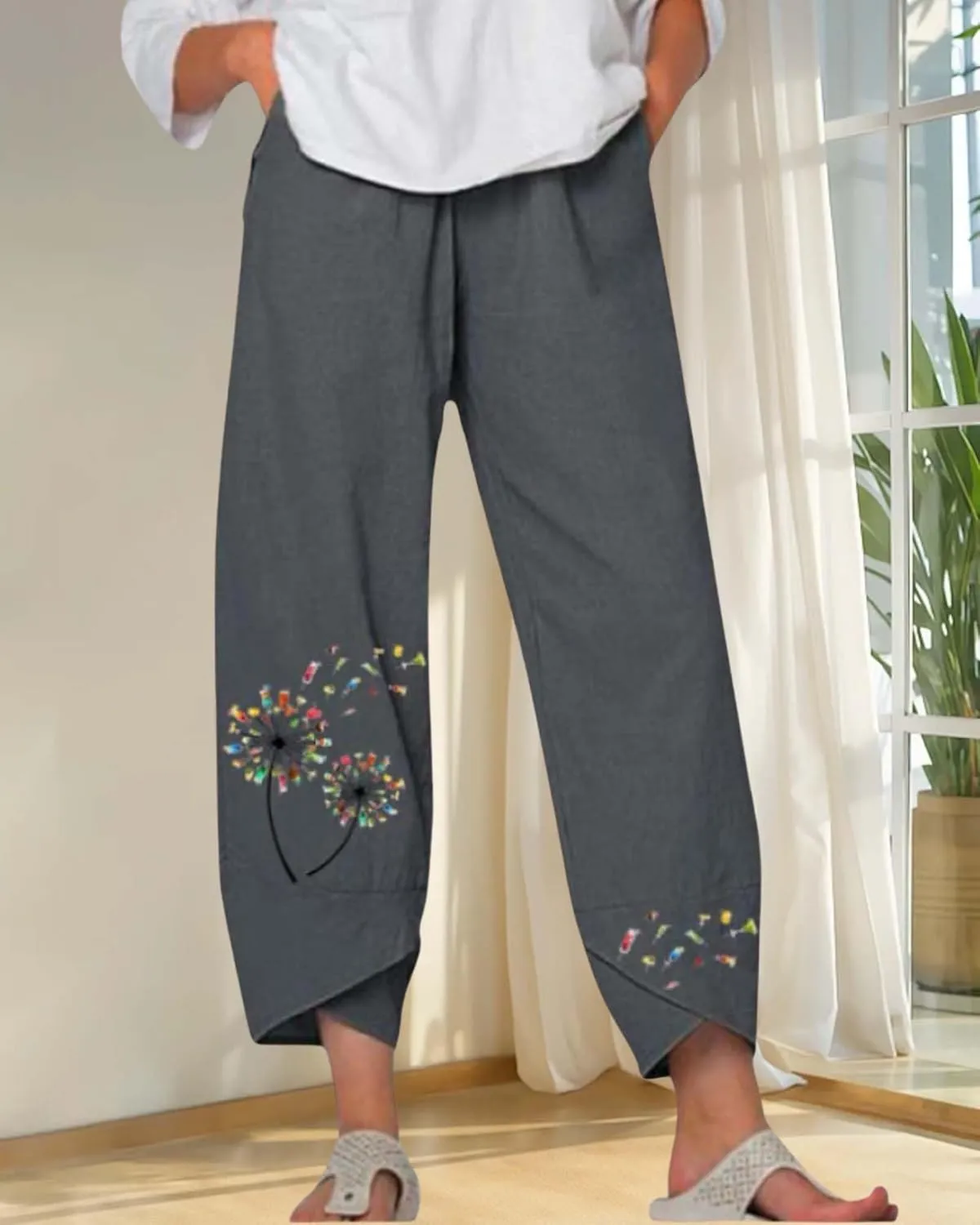 Cotton Linen Casual Summer Capri Pants for Women Printed Waist Wide Leg Palazzo Cropped Baggy Trousers with Pockets