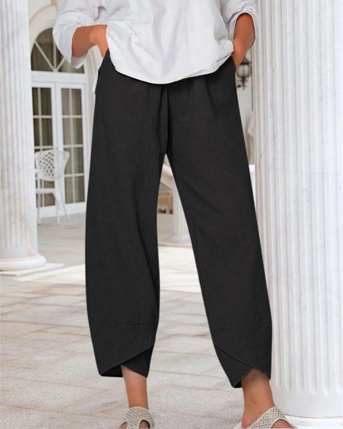 Cotton Linen Casual Summer Capri Pants for Women Printed Waist Wide Leg Palazzo Cropped Baggy Trousers with Pockets