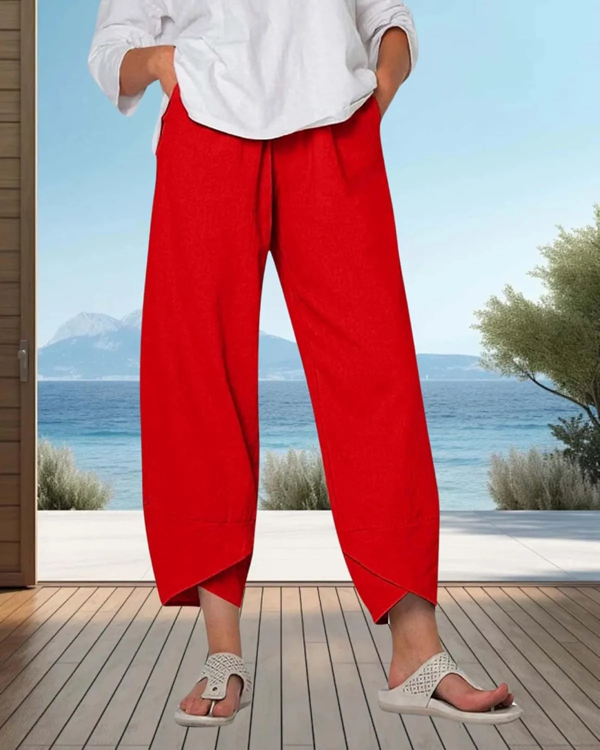 Cotton Linen Casual Summer Capri Pants for Women Printed Waist Wide Leg Palazzo Cropped Baggy Trousers with Pockets