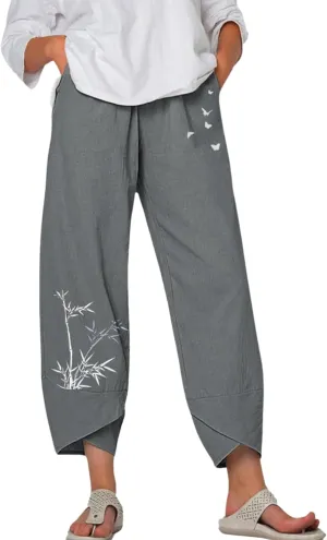 Cotton Linen Casual Summer Capri Pants for Women Printed Waist Wide Leg Palazzo Cropped Baggy Trousers with Pockets