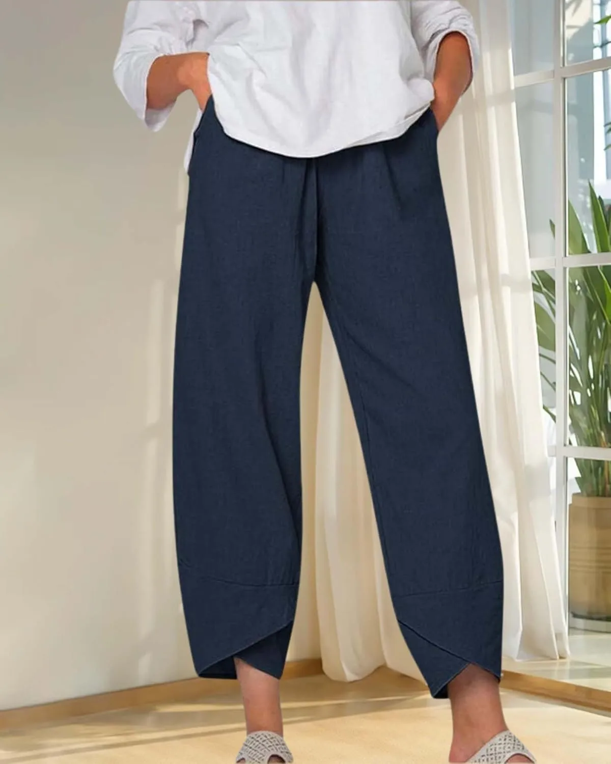 Cotton Linen Casual Summer Capri Pants for Women Printed Waist Wide Leg Palazzo Cropped Baggy Trousers with Pockets