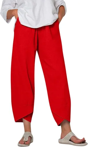 Cotton Linen Casual Summer Capri Pants for Women Printed Waist Wide Leg Palazzo Cropped Baggy Trousers with Pockets