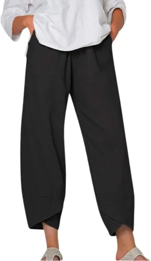 Cotton Linen Casual Summer Capri Pants for Women Printed Waist Wide Leg Palazzo Cropped Baggy Trousers with Pockets