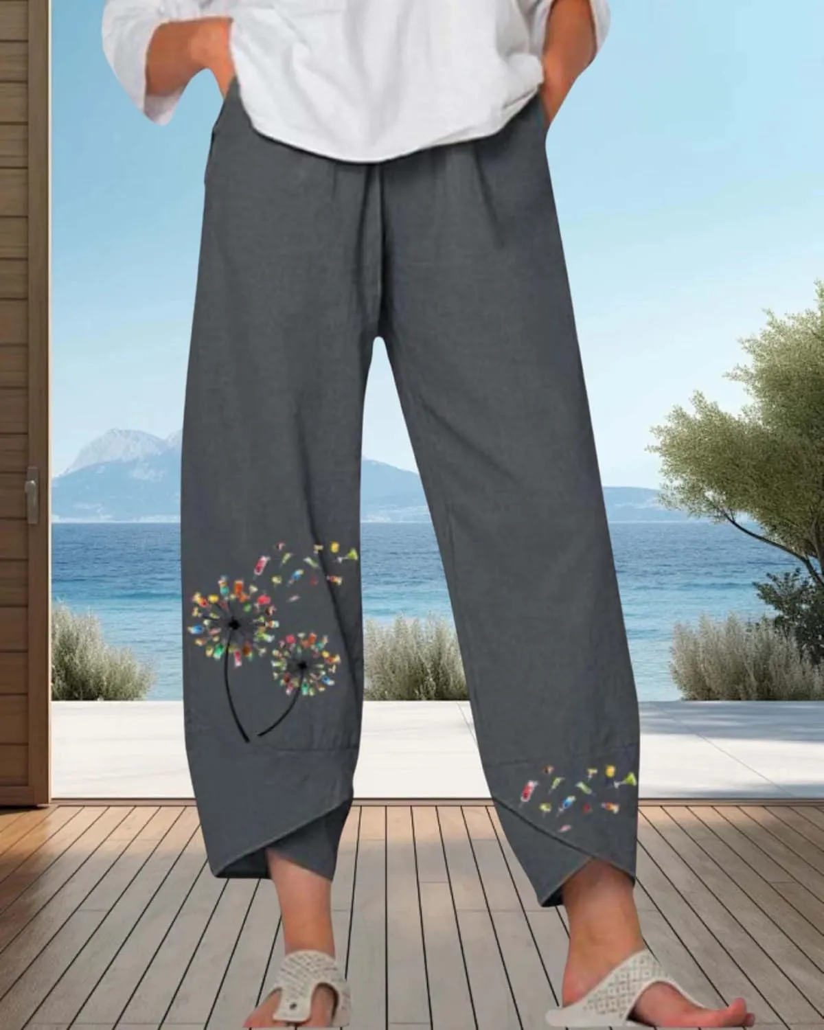 Cotton Linen Casual Summer Capri Pants for Women Printed Waist Wide Leg Palazzo Cropped Baggy Trousers with Pockets