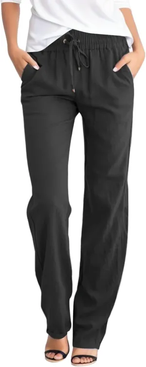 Cotton Linen Pants for Women 2024 Summer Casual Drawstring Elastic Waist Straight Leg Trousers Fashion Long Pants