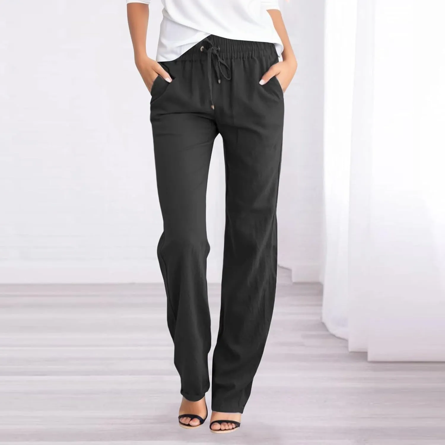 Cotton Linen Pants for Women 2024 Summer Casual Drawstring Elastic Waist Straight Leg Trousers Fashion Long Pants