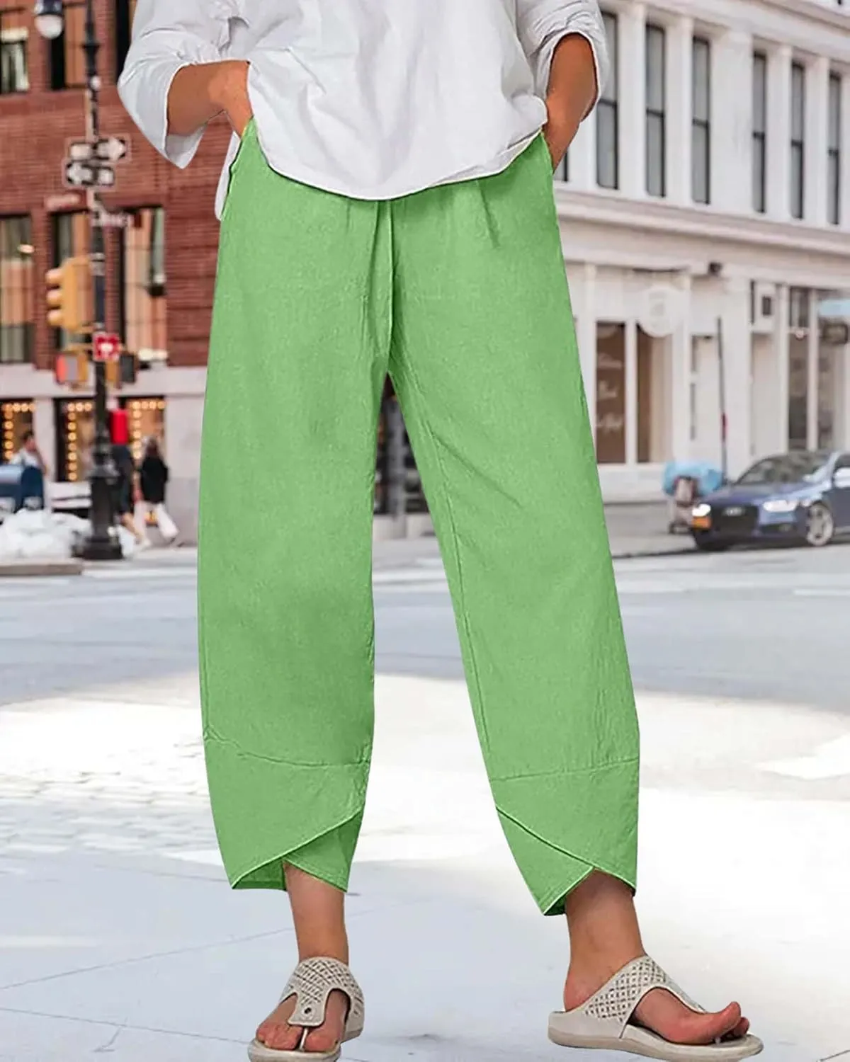Cotton Linen Summer Casual Capri Pants for Women Printed Waist Wide Leg Palazzo Cropped Baggy Trousers with Pockets