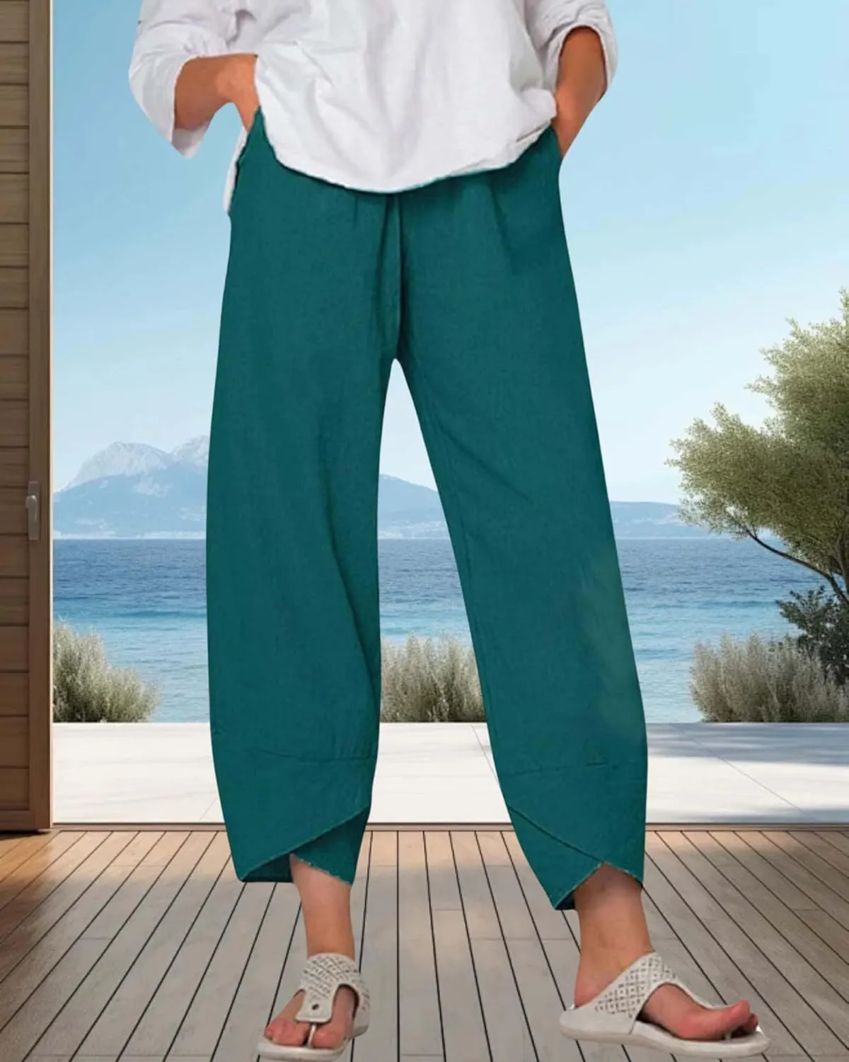 Cotton Linen Summer Casual Capri Pants for Women Printed Waist Wide Leg Palazzo Cropped Baggy Trousers with Pockets