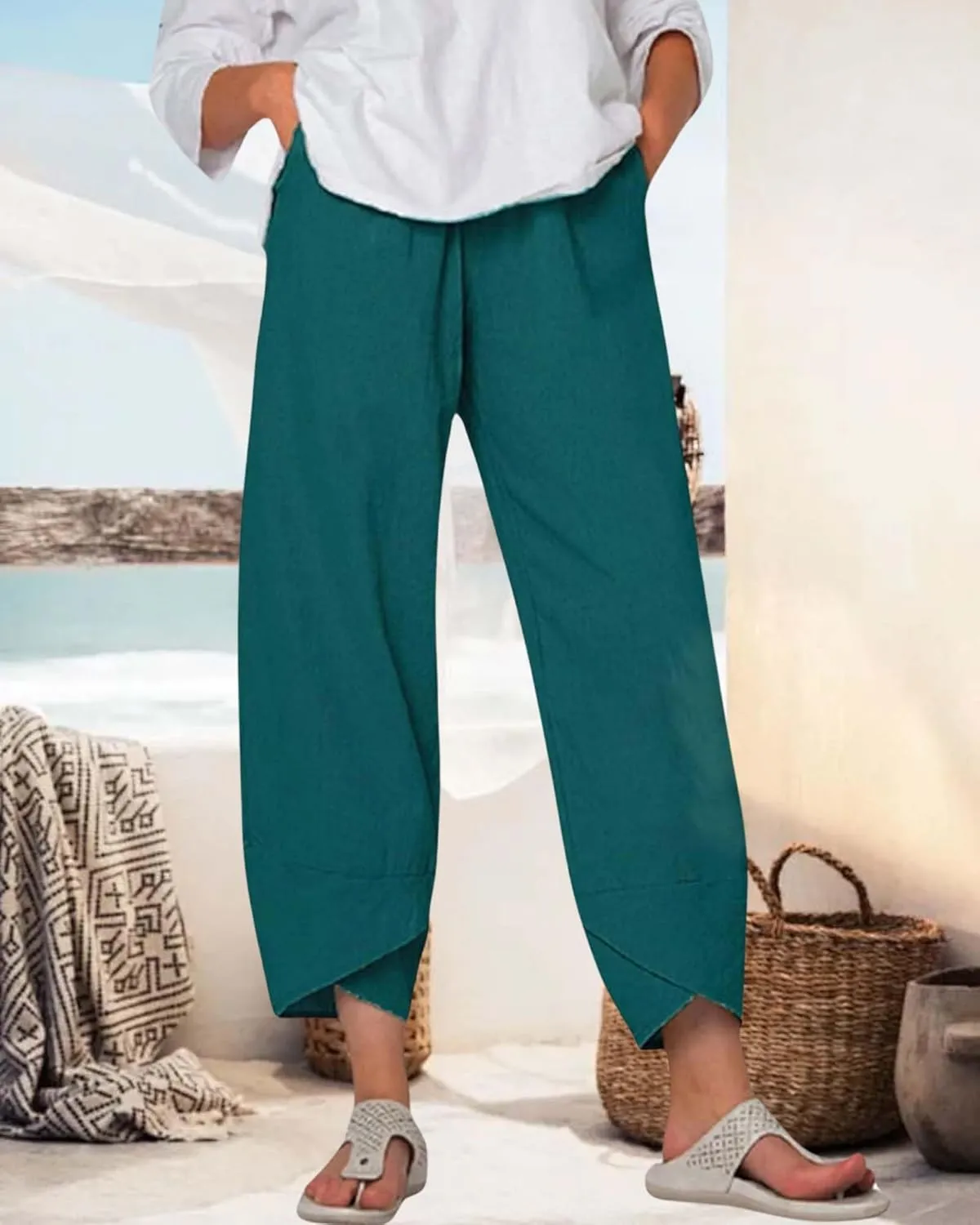 Cotton Linen Summer Casual Capri Pants for Women Printed Waist Wide Leg Palazzo Cropped Baggy Trousers with Pockets