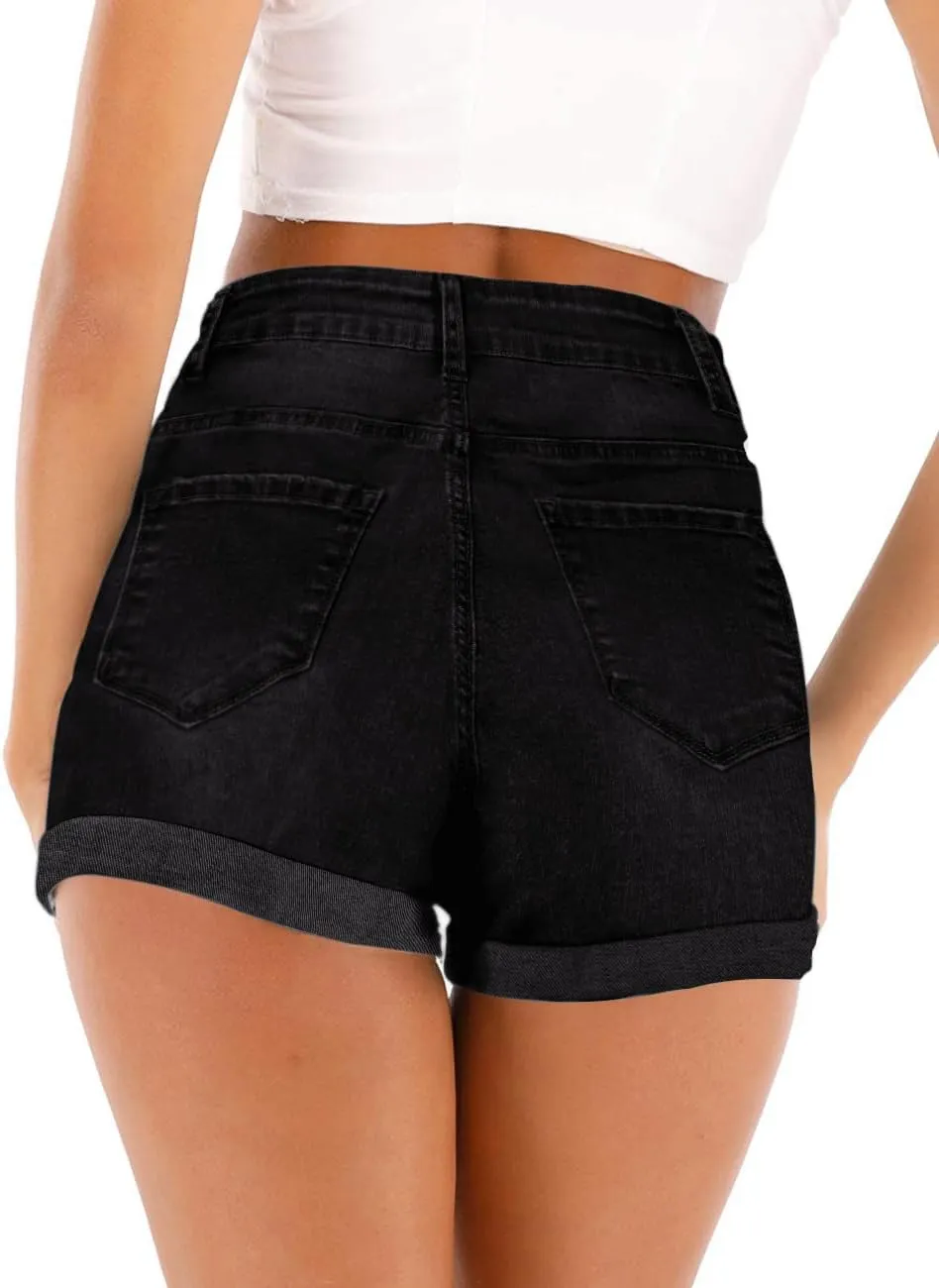 Cuihur Women's Casual High Waisted Stretchy Denim Shorts Ripped Folded Hem Jeans Shorts