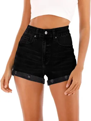 Cuihur Women's Casual High Waisted Stretchy Denim Shorts Ripped Folded Hem Jeans Shorts