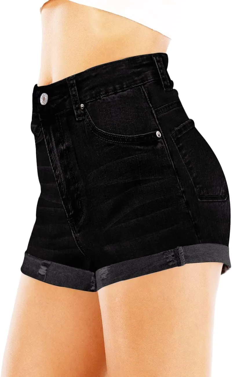 Cuihur Women's Casual High Waisted Stretchy Denim Shorts Ripped Folded Hem Jeans Shorts