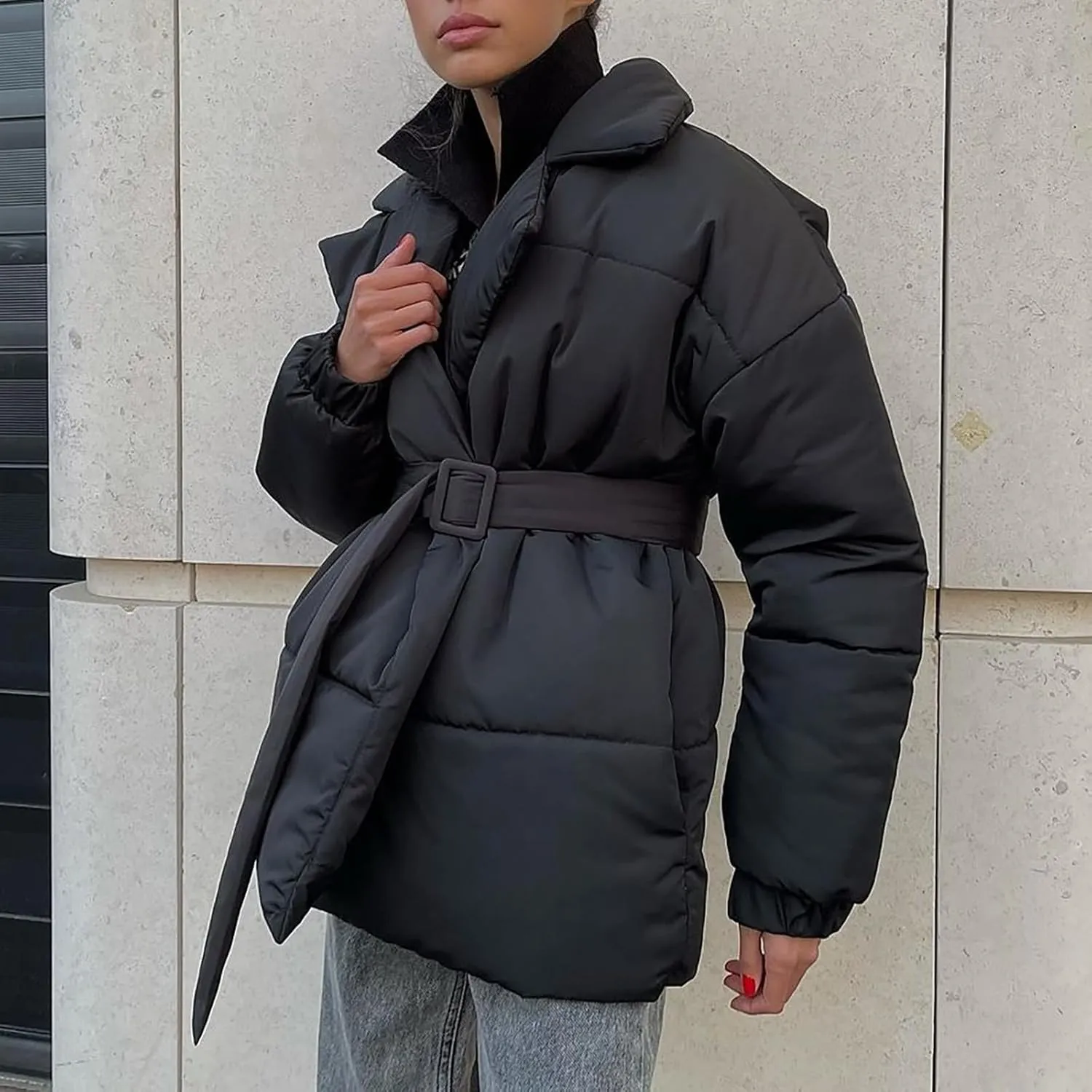 Down Winter Coats for Women Short Warm Quilted Puffer Winter Jackets Trendy Lapel Long Sleeve Winter Coat with Belt