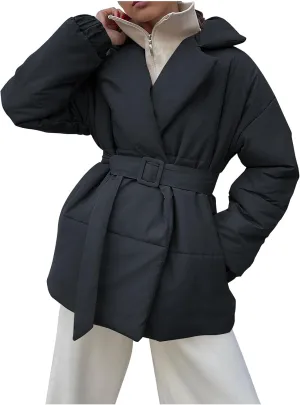 Down Winter Coats for Women Short Warm Quilted Puffer Winter Jackets Trendy Lapel Long Sleeve Winter Coat with Belt