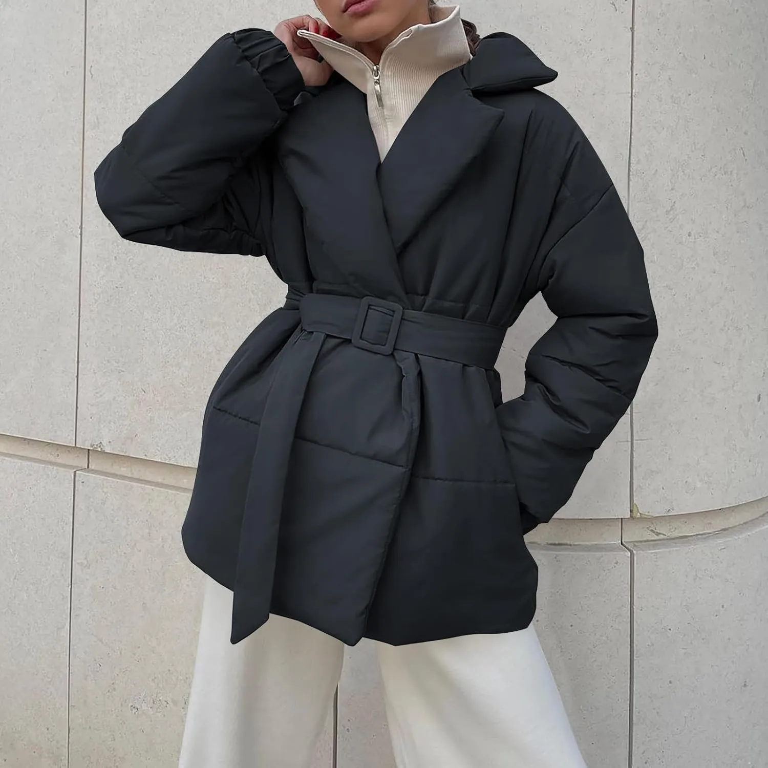 Down Winter Coats for Women Short Warm Quilted Puffer Winter Jackets Trendy Lapel Long Sleeve Winter Coat with Belt