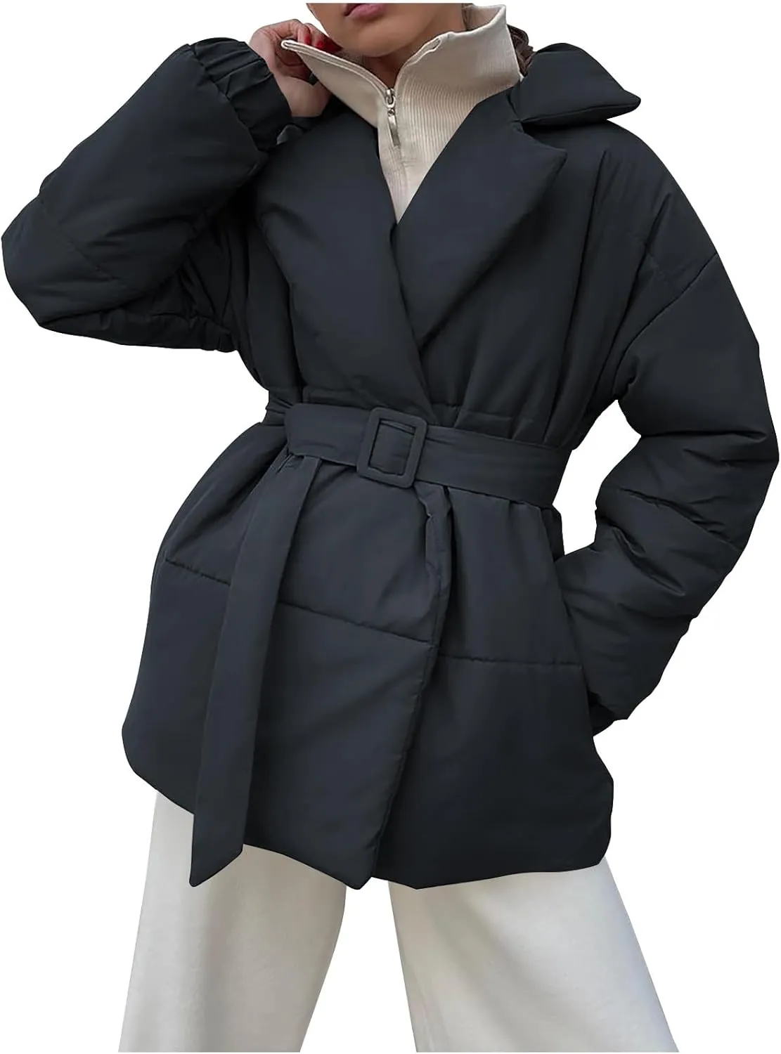 Down Winter Coats for Women Short Warm Quilted Puffer Winter Jackets Trendy Lapel Long Sleeve Winter Coat with Belt