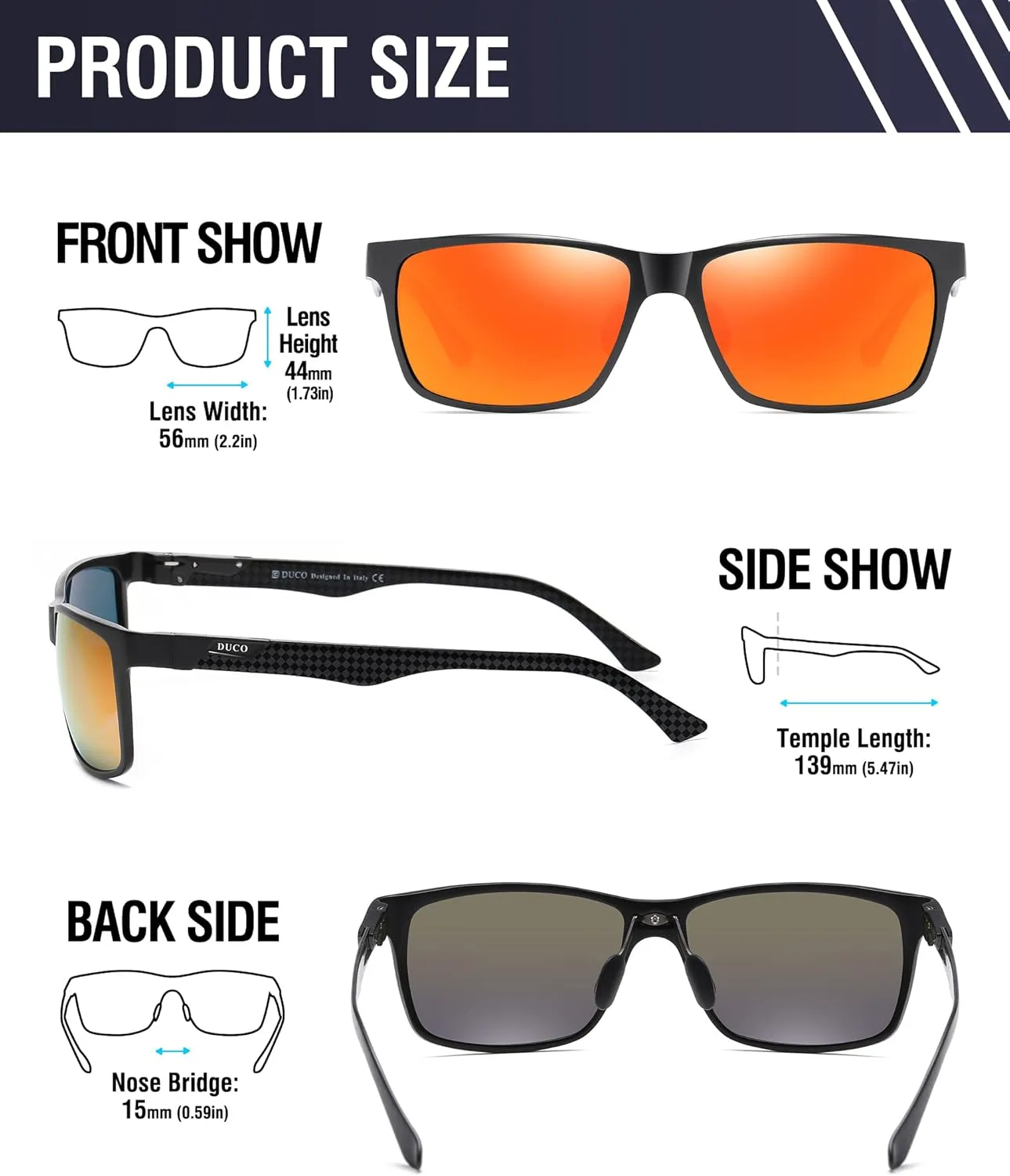 DUCO Mens Sunglasses Polarized Rectangle Sunglass for Men Lightweight Carbon Fiber UV400 Protection 8206