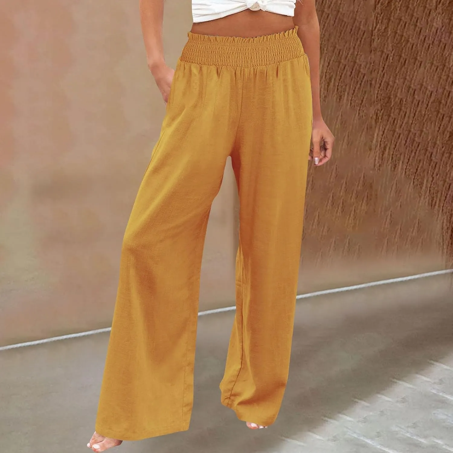 Flowy Palazzo Pants for Women Casual Loose Summer Boho High Waisted Lounge Yoga Beach Wide Leg Linen Pants Trousers