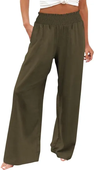 Flowy Palazzo Pants for Women Casual Loose Summer Boho High Waisted Lounge Yoga Beach Wide Leg Linen Pants Trousers