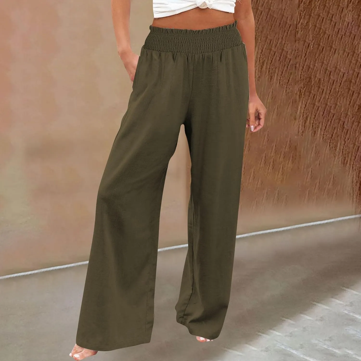 Flowy Palazzo Pants for Women Casual Loose Summer Boho High Waisted Lounge Yoga Beach Wide Leg Linen Pants Trousers
