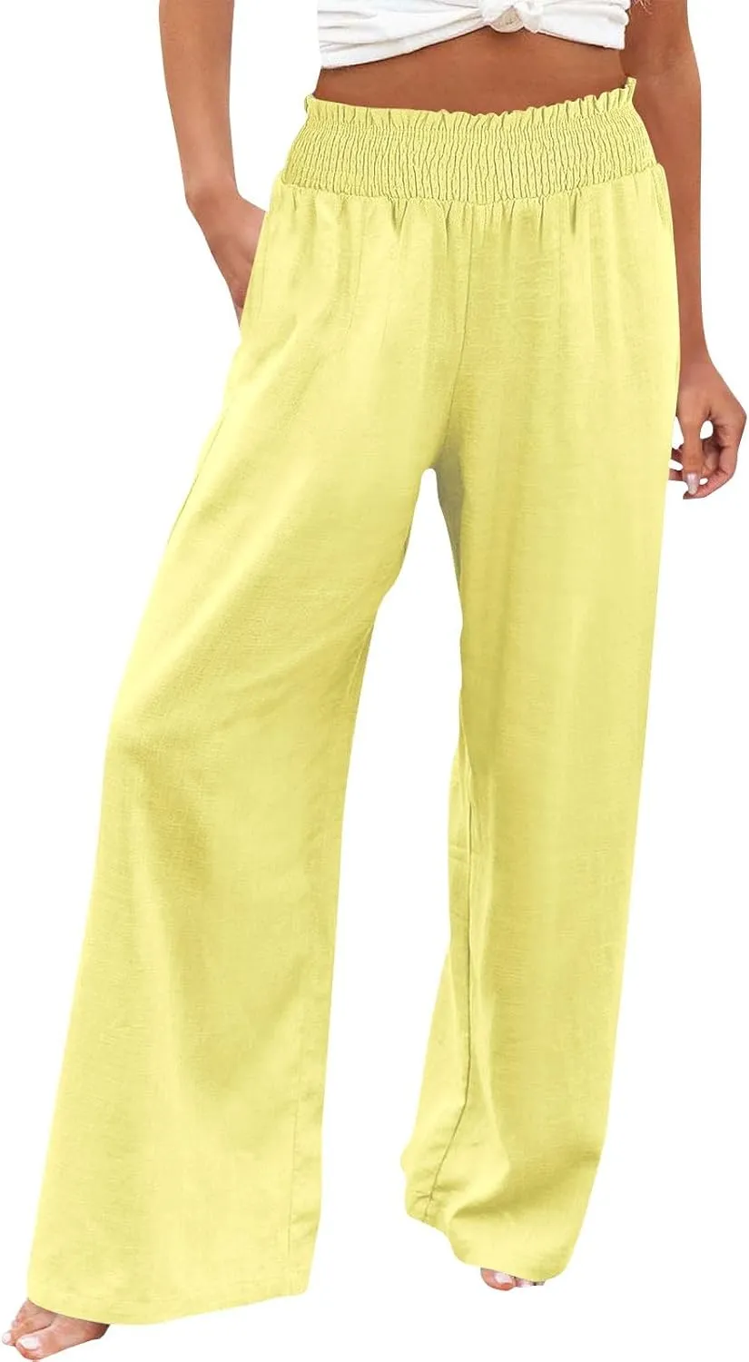 Flowy Palazzo Pants for Women Casual Loose Summer Boho High Waisted Lounge Yoga Beach Wide Leg Linen Pants Trousers