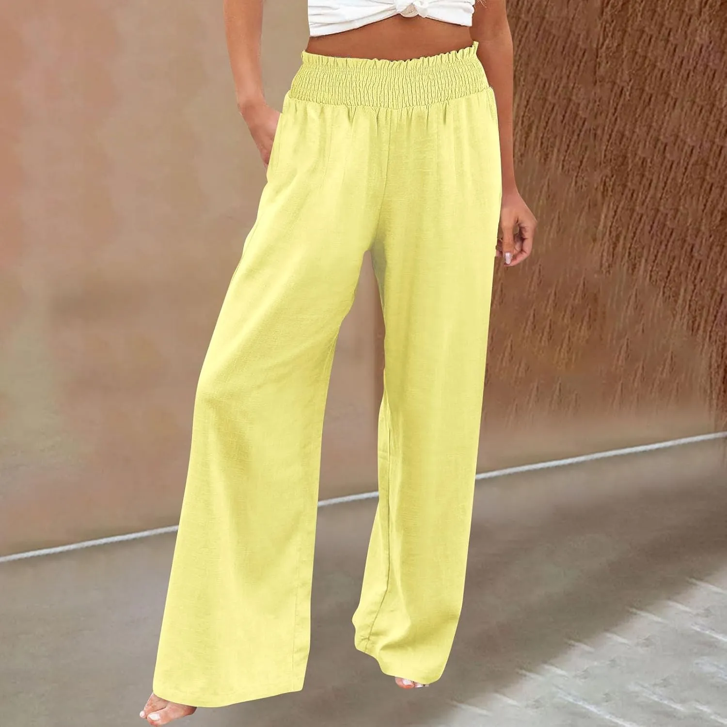 Flowy Palazzo Pants for Women Casual Loose Summer Boho High Waisted Lounge Yoga Beach Wide Leg Linen Pants Trousers