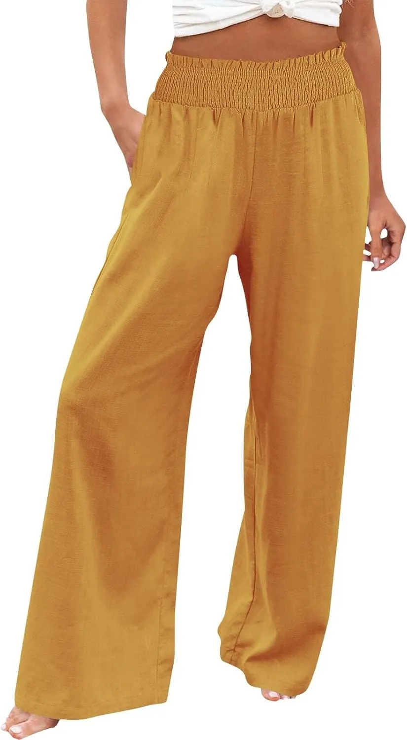 Flowy Palazzo Pants for Women Casual Loose Summer Boho High Waisted Lounge Yoga Beach Wide Leg Linen Pants Trousers