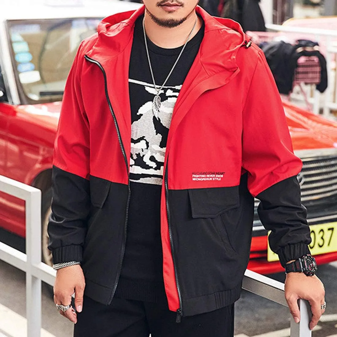 Flygo Men's Full Zip Hooded Waterproof Lightweight Colorblock Windbreaker Jackets Raincoats