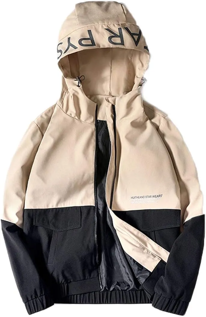 Flygo Men's Full Zip Hooded Waterproof Lightweight Colorblock Windbreaker Jackets Raincoats
