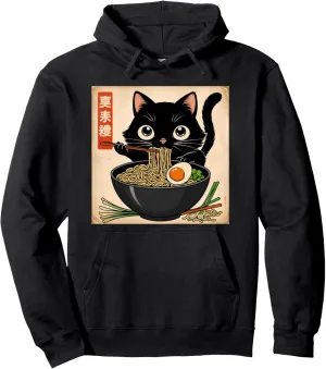 Funny Cat Ramen Graphic Tee Japanese Kawaii Anime Cat Pullover Hoodie