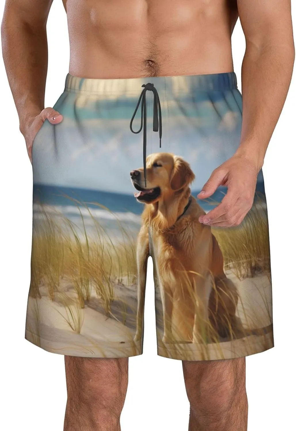 (Golden Retriever) Men's Quick Dry Beach Shorts Lightweight Casual Shorts with Elastic Waist Drawstring Pockets