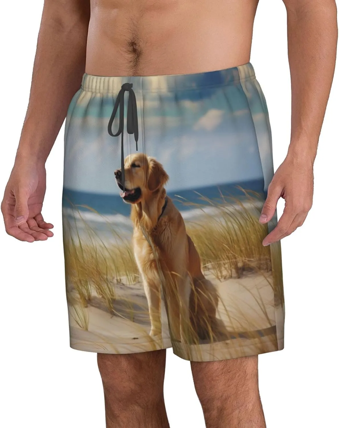 (Golden Retriever) Men's Quick Dry Beach Shorts Lightweight Casual Shorts with Elastic Waist Drawstring Pockets