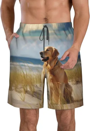(Golden Retriever) Men's Quick Dry Beach Shorts Lightweight Casual Shorts with Elastic Waist Drawstring Pockets