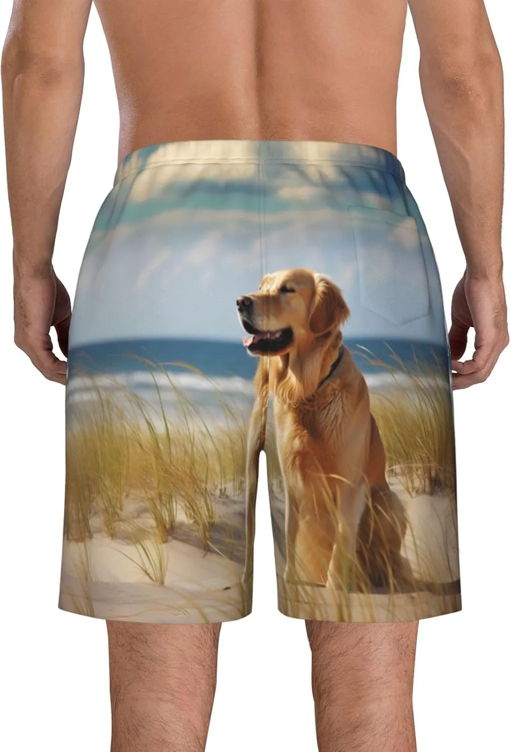 (Golden Retriever) Men's Quick Dry Beach Shorts Lightweight Casual Shorts with Elastic Waist Drawstring Pockets