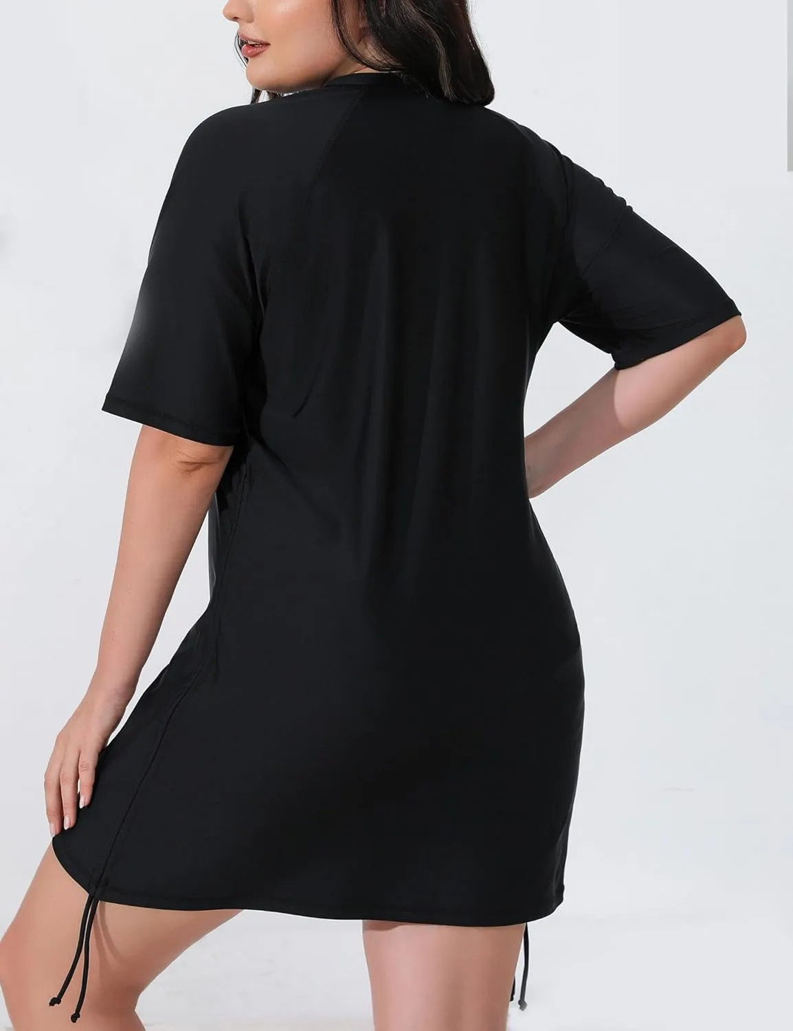 Halcurt Women's Plus Size Short Sleeve Rash Guard Ruched Side Drawstring Adjustable Swim Shirt UPF50 Quick Dry Swimsuit Top