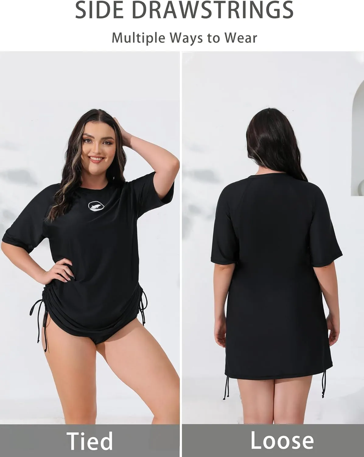 Halcurt Women's Plus Size Short Sleeve Rash Guard Ruched Side Drawstring Adjustable Swim Shirt UPF50 Quick Dry Swimsuit Top