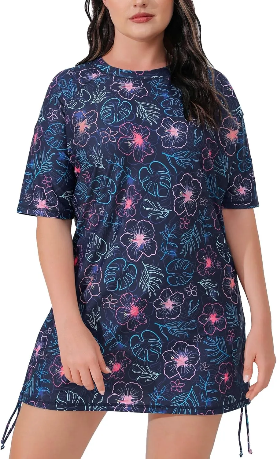 Halcurt Women's Plus Size Short Sleeve Rash Guard Ruched Side Drawstring Adjustable Swim Shirt UPF50 Quick Dry Swimsuit Top