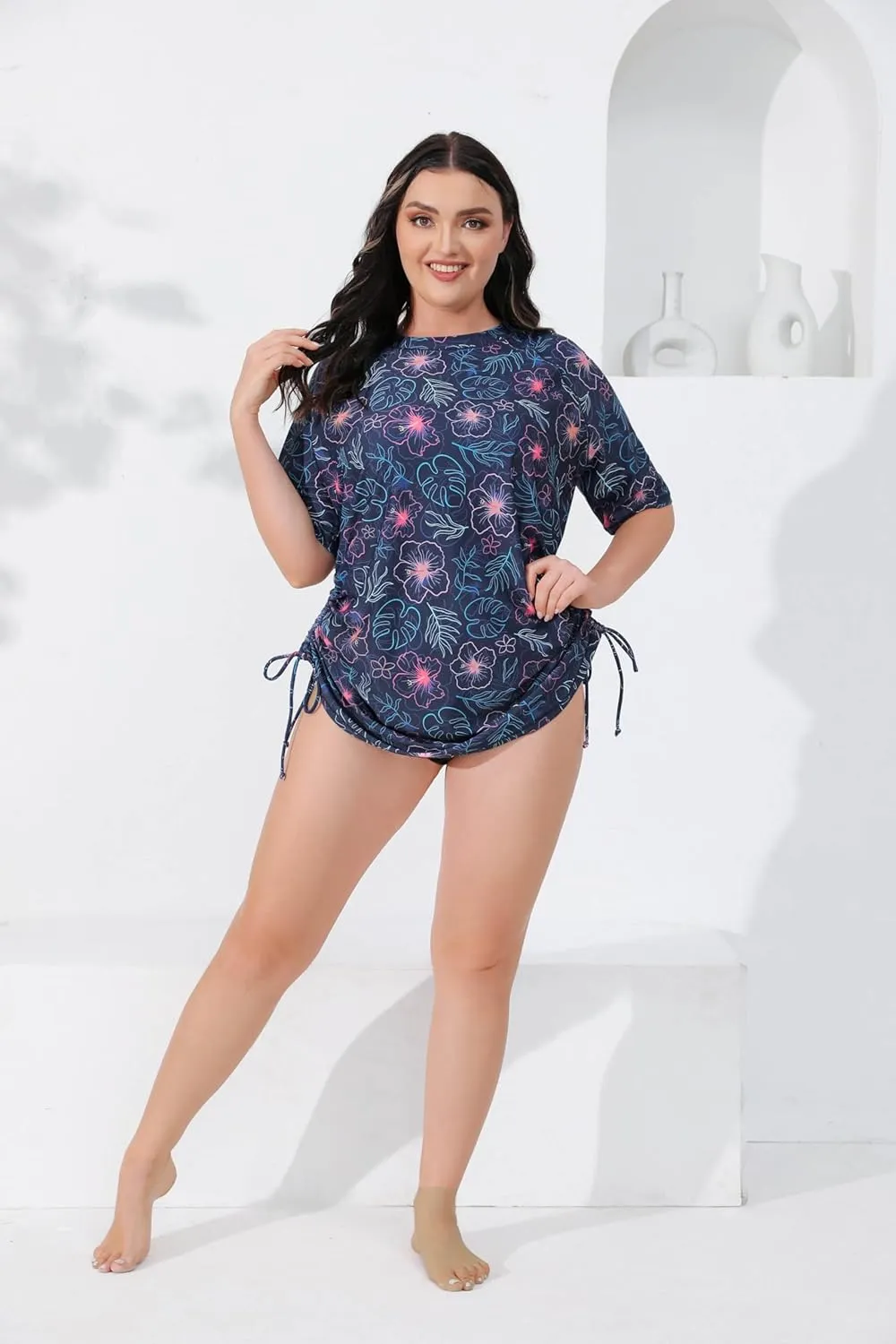 Halcurt Women's Plus Size Short Sleeve Rash Guard Ruched Side Drawstring Adjustable Swim Shirt UPF50 Quick Dry Swimsuit Top