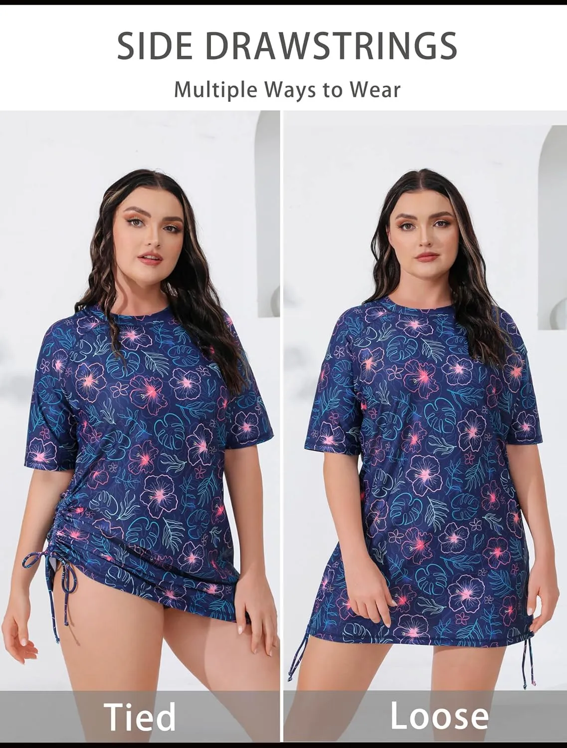 Halcurt Women's Plus Size Short Sleeve Rash Guard Ruched Side Drawstring Adjustable Swim Shirt UPF50 Quick Dry Swimsuit Top