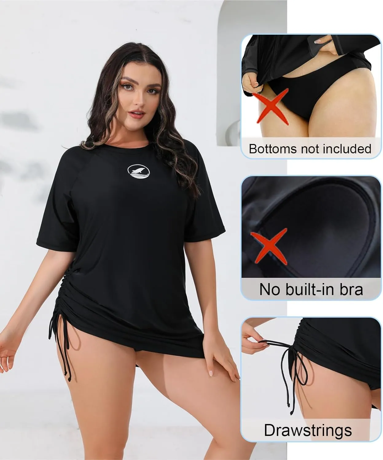 Halcurt Women's Plus Size Short Sleeve Rash Guard Ruched Side Drawstring Adjustable Swim Shirt UPF50 Quick Dry Swimsuit Top
