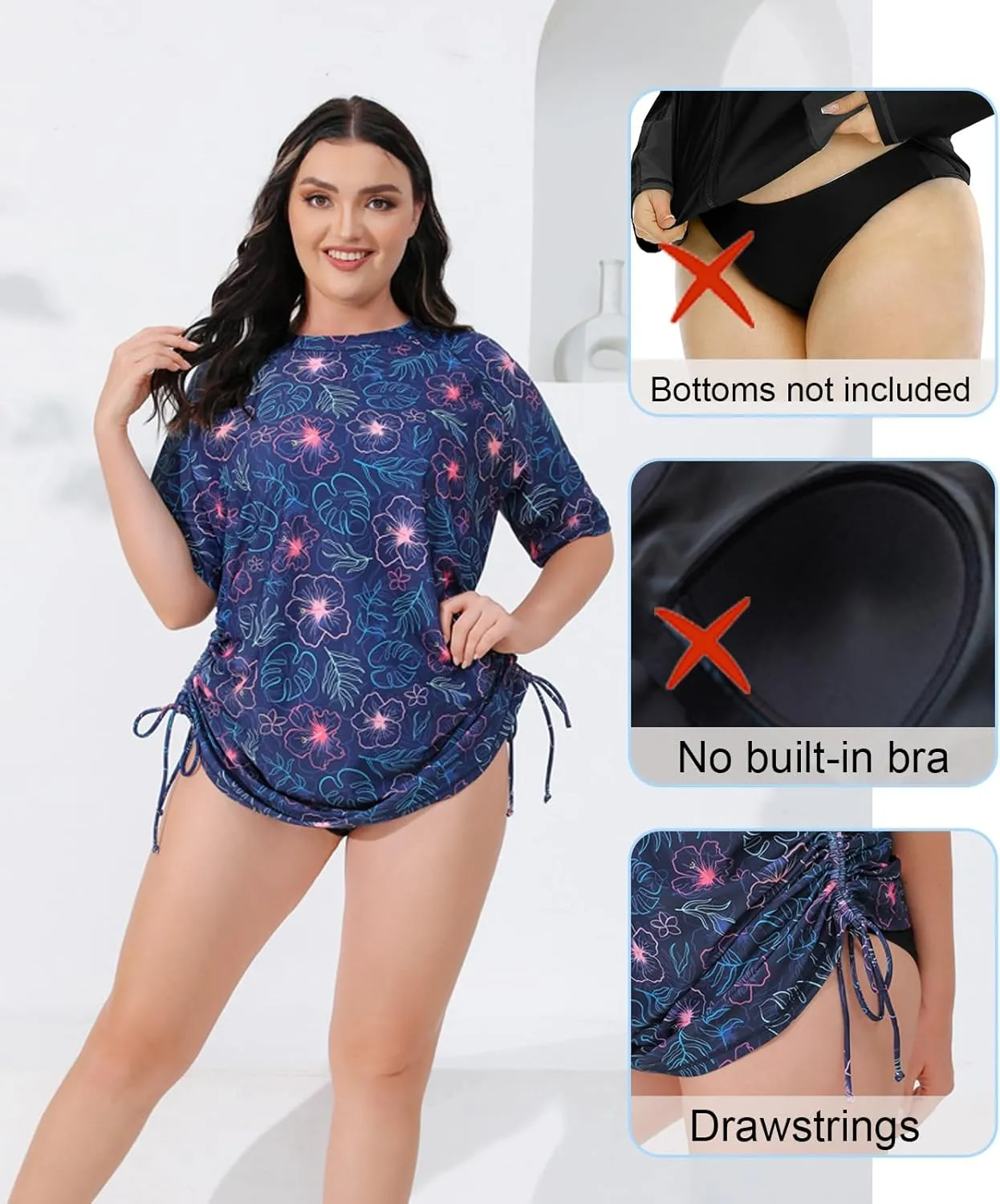 Halcurt Women's Plus Size Short Sleeve Rash Guard Ruched Side Drawstring Adjustable Swim Shirt UPF50 Quick Dry Swimsuit Top