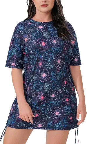 Halcurt Women's Plus Size Short Sleeve Rash Guard Ruched Side Drawstring Adjustable Swim Shirt UPF50 Quick Dry Swimsuit Top