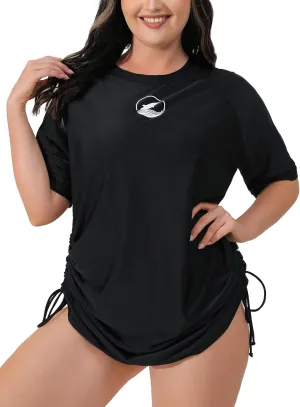 Halcurt Women's Plus Size Short Sleeve Rash Guard Ruched Side Drawstring Adjustable Swim Shirt UPF50 Quick Dry Swimsuit Top