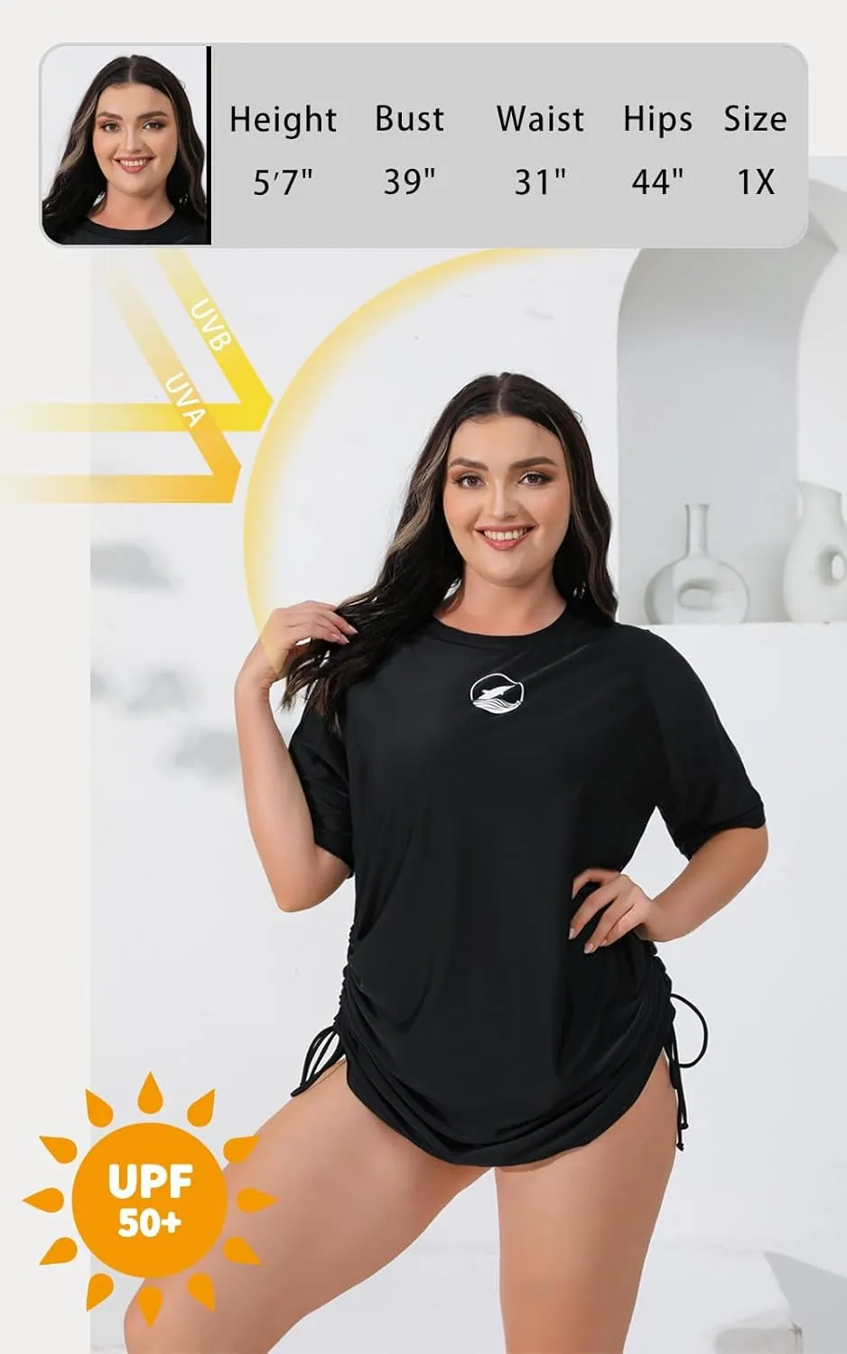 Halcurt Women's Plus Size Short Sleeve Rash Guard Ruched Side Drawstring Adjustable Swim Shirt UPF50 Quick Dry Swimsuit Top
